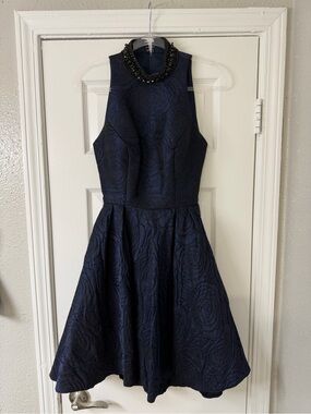 Sherri Hill Navy Halter Fit & Flare Cocktail Dress with Beaded Collar Size 6 Y2K